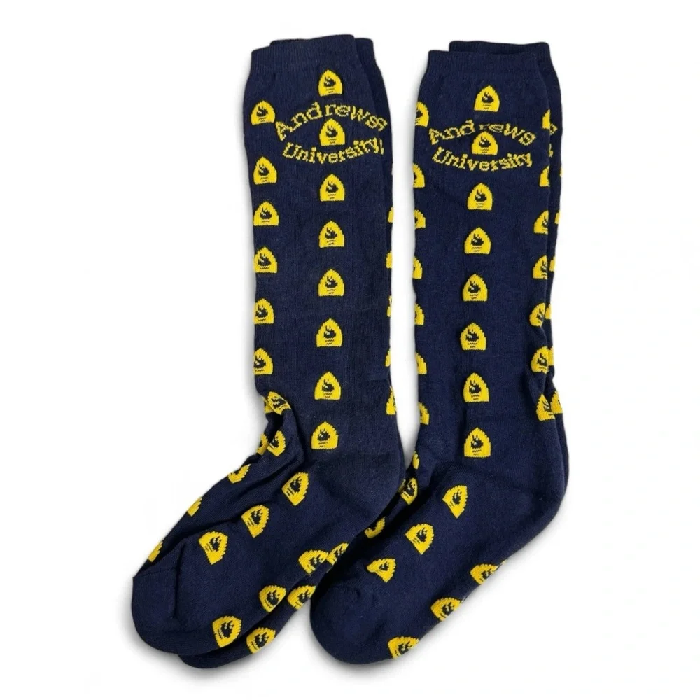 Andrews University Over The Calf Crew Socks Size M Navy Yellow 2 Pairs NWOT‎
